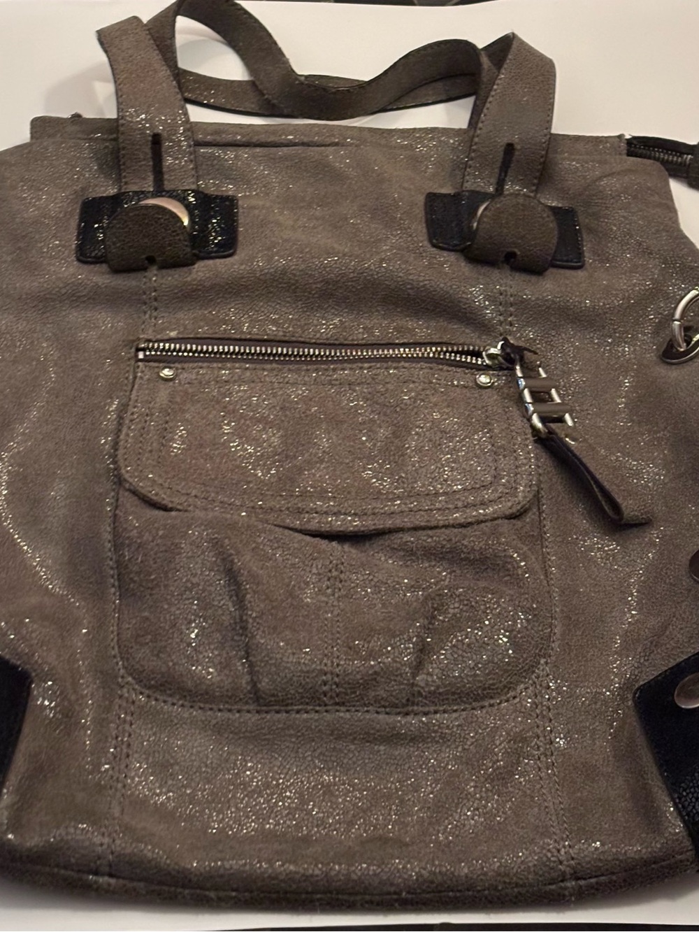Makowsky Gray and Black Metallic Crackle Leather Satchel Purse,